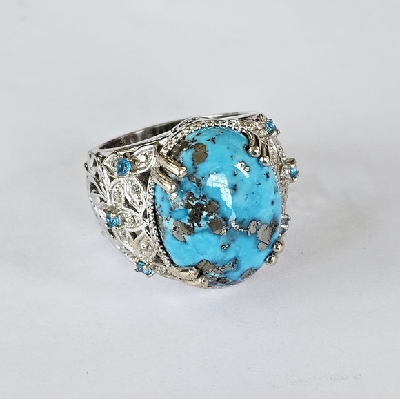 Genuine Turquoise & Neon Apatite 💍 w/White Sapphires in Platinum/925 Size 9 - Picture 3 of 12
